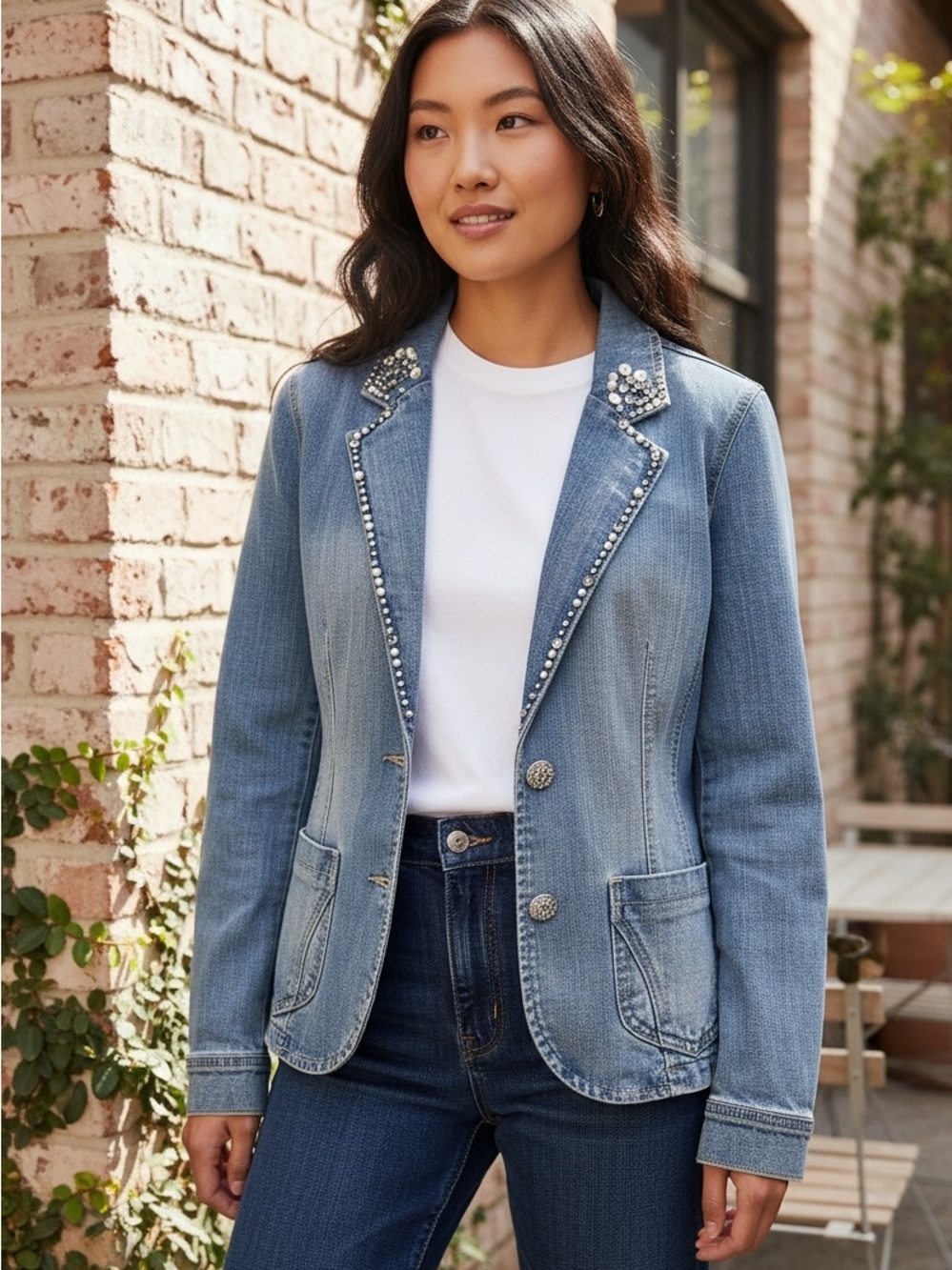 Vintage Y2K Baccini Light Blue Embellished Denim Blazer